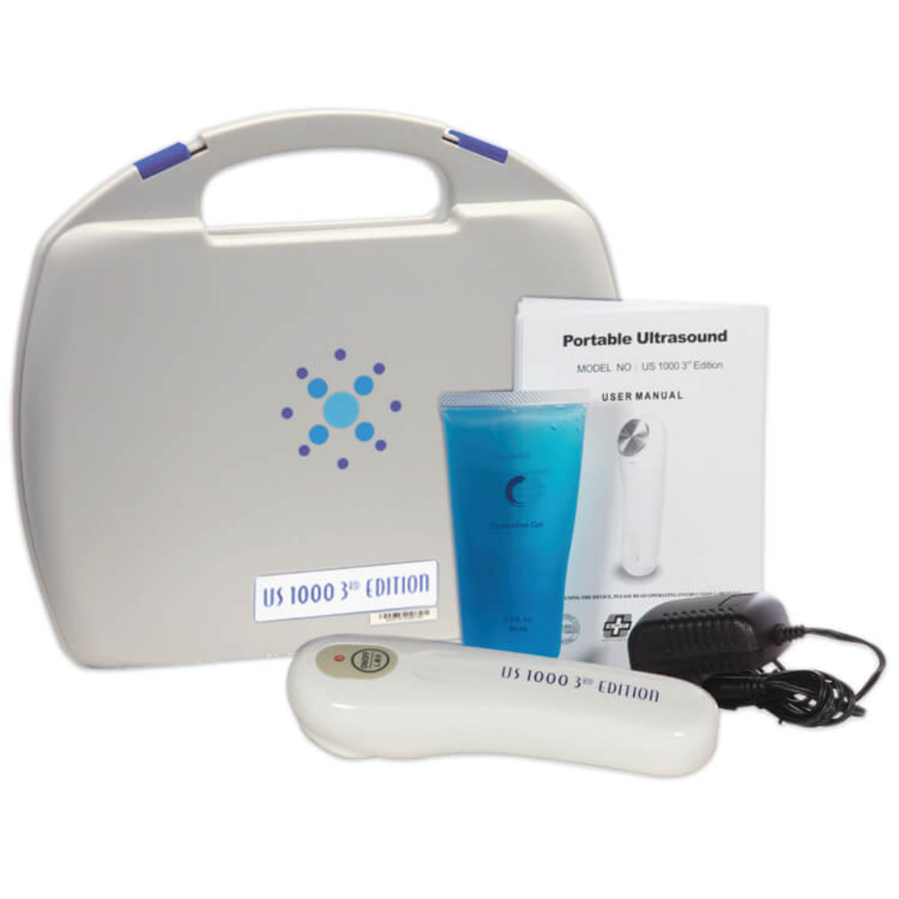 The complete US 1000 Portable Ultrasound 3rd Edition kit, featuring a handheld therapeutic ultrasound device, AC power adapter, transmission gel, and a protective hard-shell carrying case for home or clinical use.